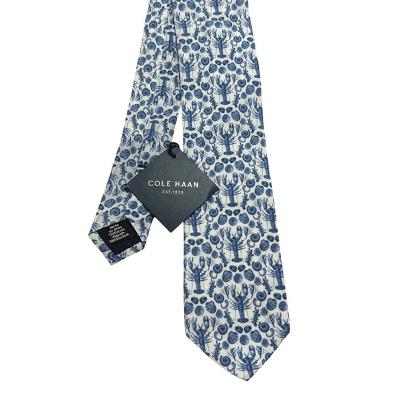 Cole Haan Mens Blue White Lobster Shell Nautical Print Cotton Silk Necktie NEW - Picture 2 of 7